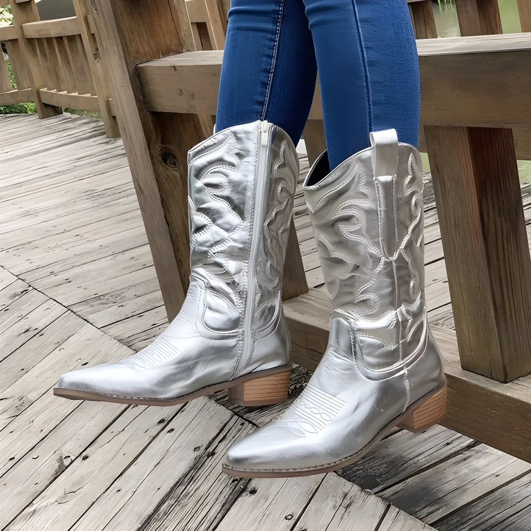 Women's Comfy Block Heel Cowboy Boots with Side Zip