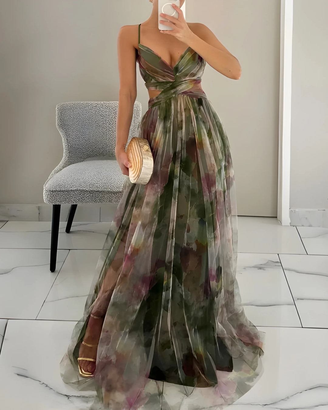 Women's Stunning Elegant Maxi Dress with Floral Print and Adjustable Straps
