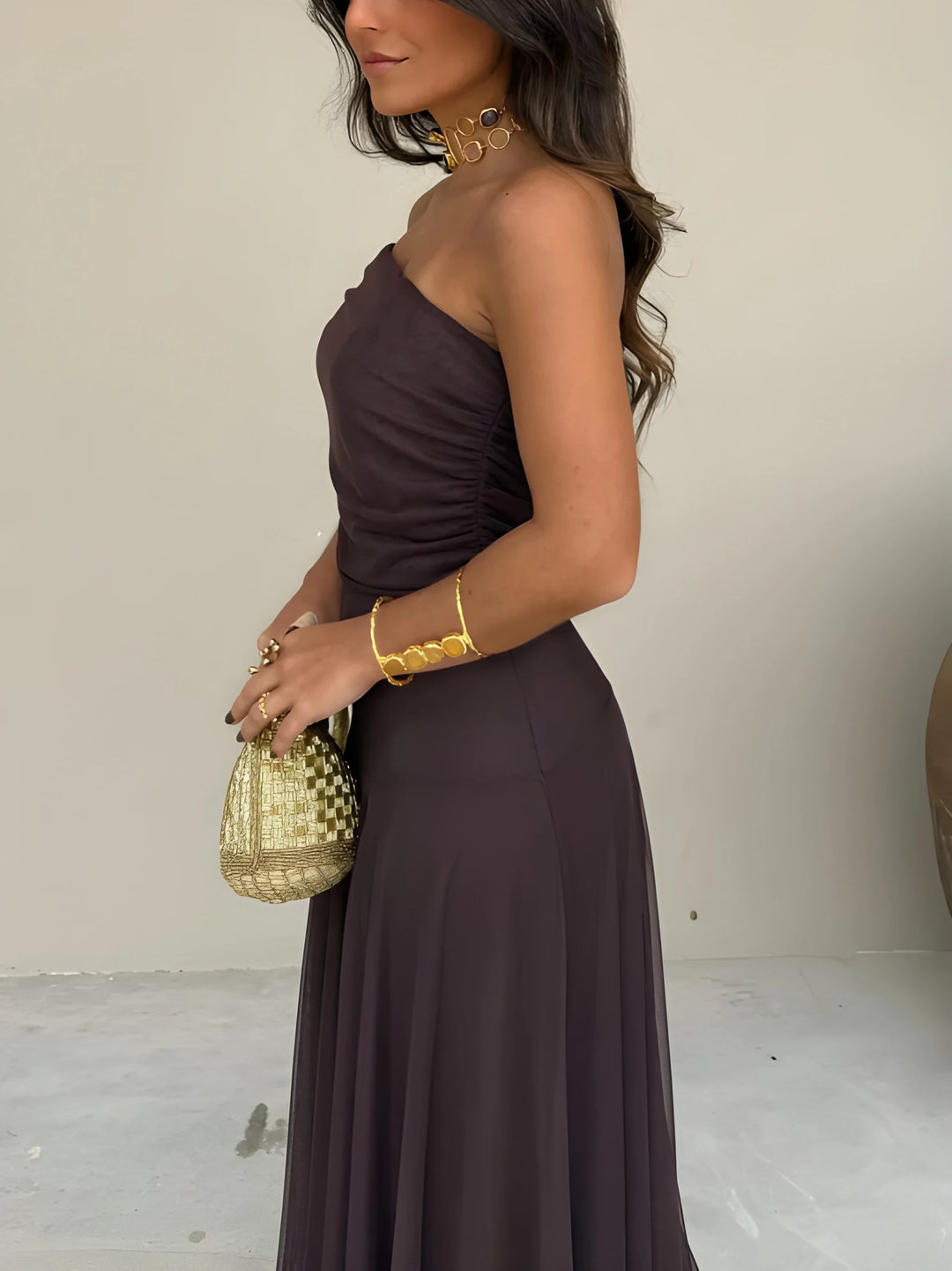 Women's Stunning Elegant Maxi Dress with Off Shoulder Neckline and Gathered Bodice
