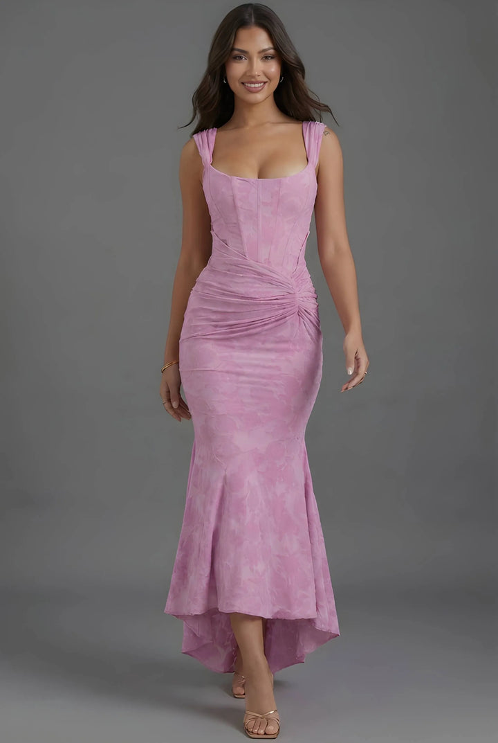 Women's Wedding Guest Party Maxi Dress with Corset Bodice and Ruched Waist