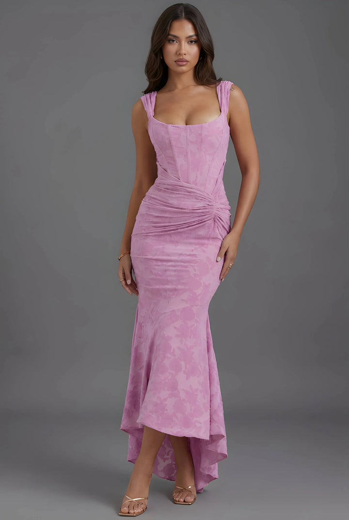 Women's Wedding Guest Party Maxi Dress with Corset Bodice and Ruched Waist