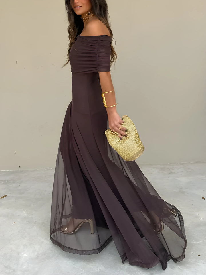 Women's Stunning Elegant Maxi Dress with Off Shoulder Neckline and Gathered Bodice