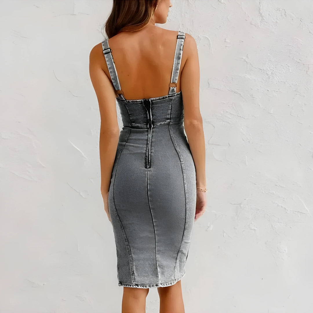 Women's Corset Backless Denim Mini Dress with Zip Closure and Front Split