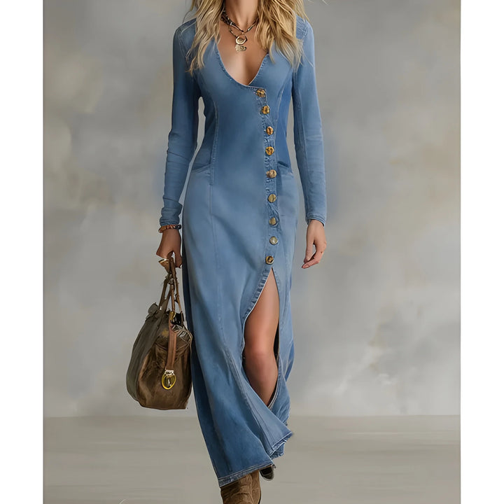 Women's Stunning Long Sleeve Maxi Denim Dress with Asymmetrical Buttons