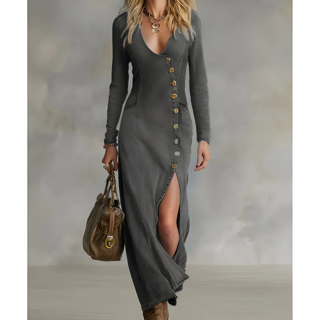 Women's Stunning Long Sleeve Maxi Denim Dress with Asymmetrical Buttons