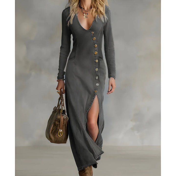 Women's Stunning Long Sleeve Maxi Denim Dress with Asymmetrical Buttons