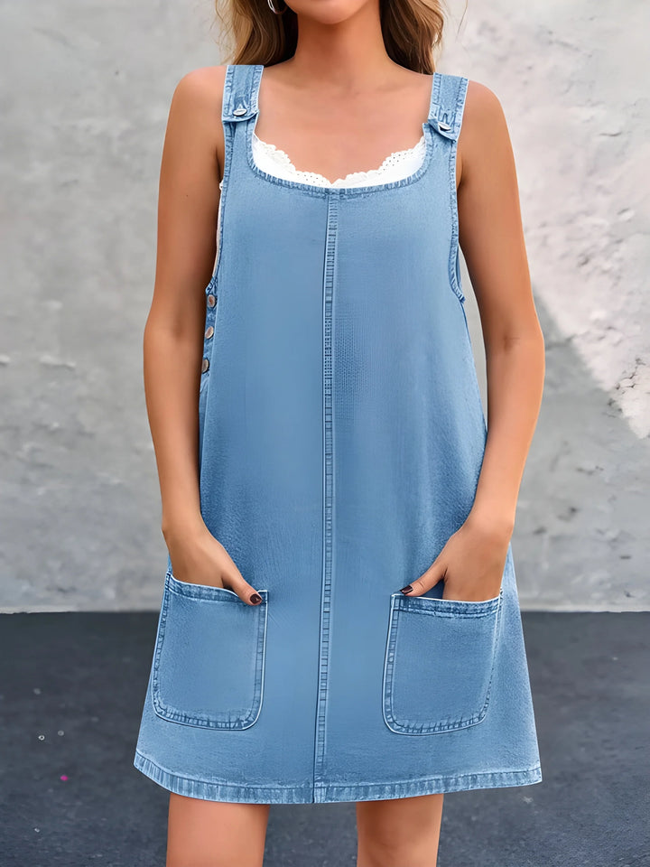 Women's Holiday Sleeveless Denim Mini Dress with Front Pockets and Square Neck
