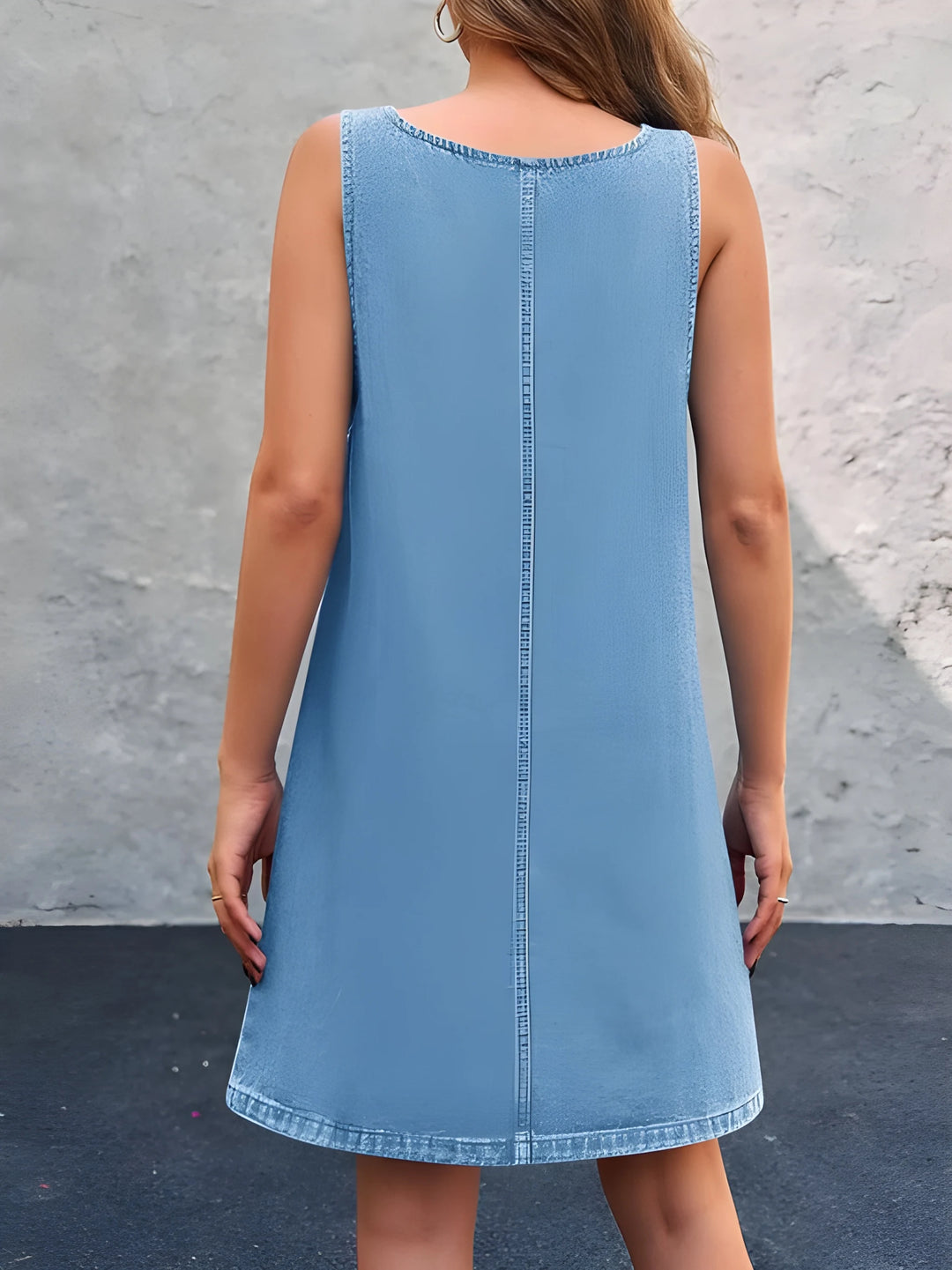 Women's Holiday Sleeveless Denim Mini Dress with Front Pockets and Square Neck