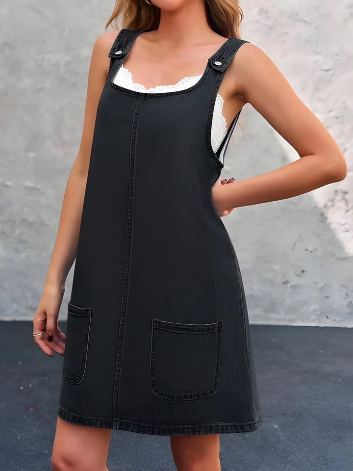 Women's Holiday Sleeveless Denim Mini Dress with Front Pockets and Square Neck