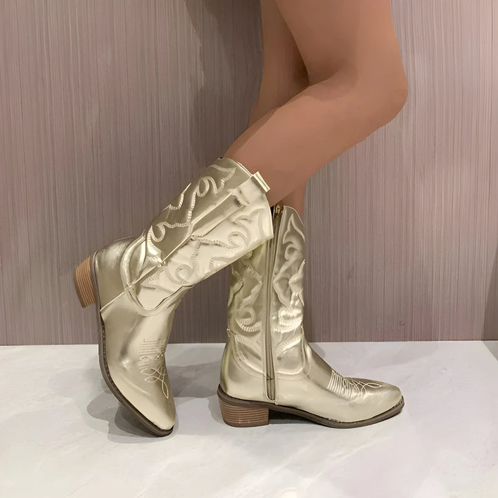 Women's Comfy Block Heel Cowboy Boots with Side Zip