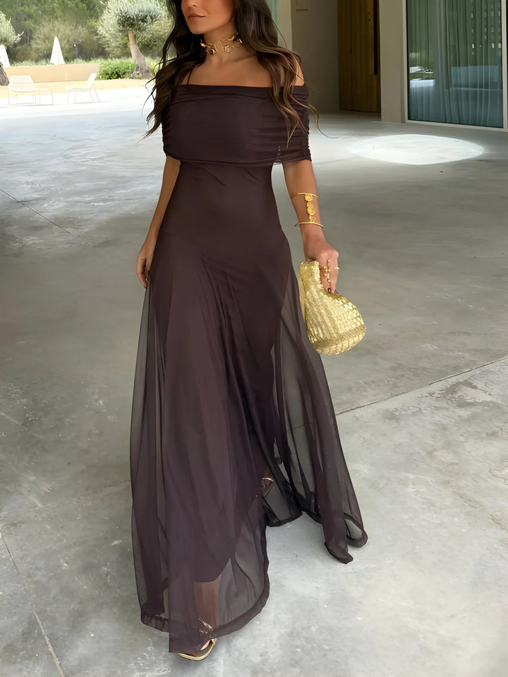 Women's Stunning Elegant Maxi Dress with Off Shoulder Neckline and Gathered Bodice