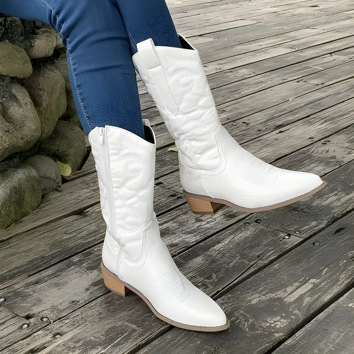Women's Comfy Block Heel Cowboy Boots with Side Zip