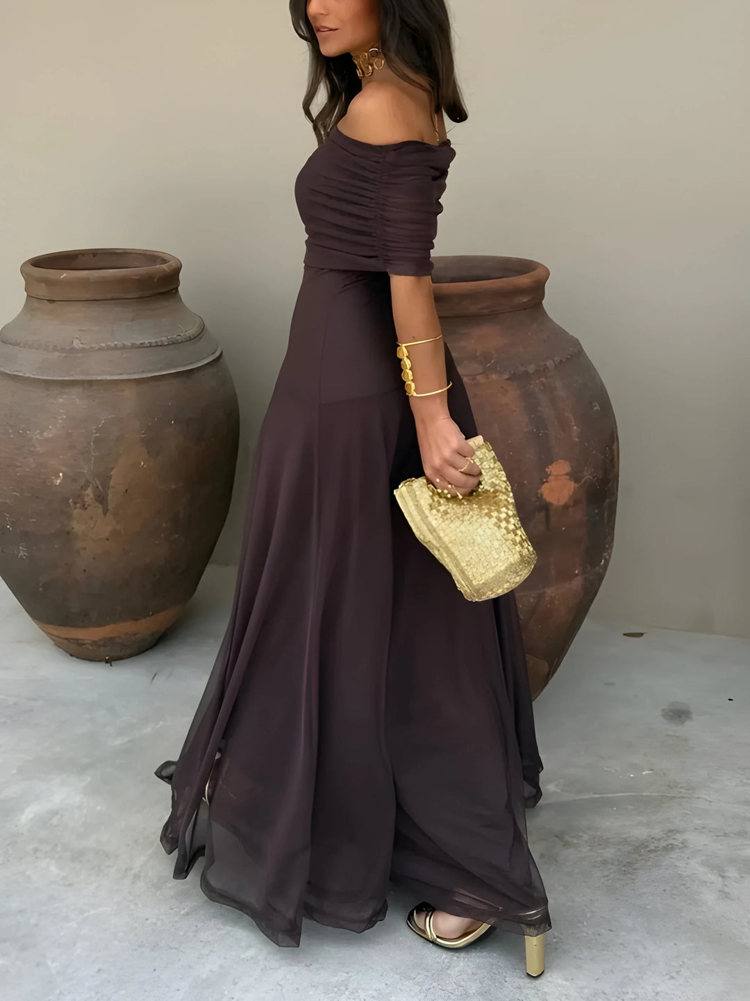 Women's Stunning Elegant Maxi Dress with Off Shoulder Neckline and Gathered Bodice